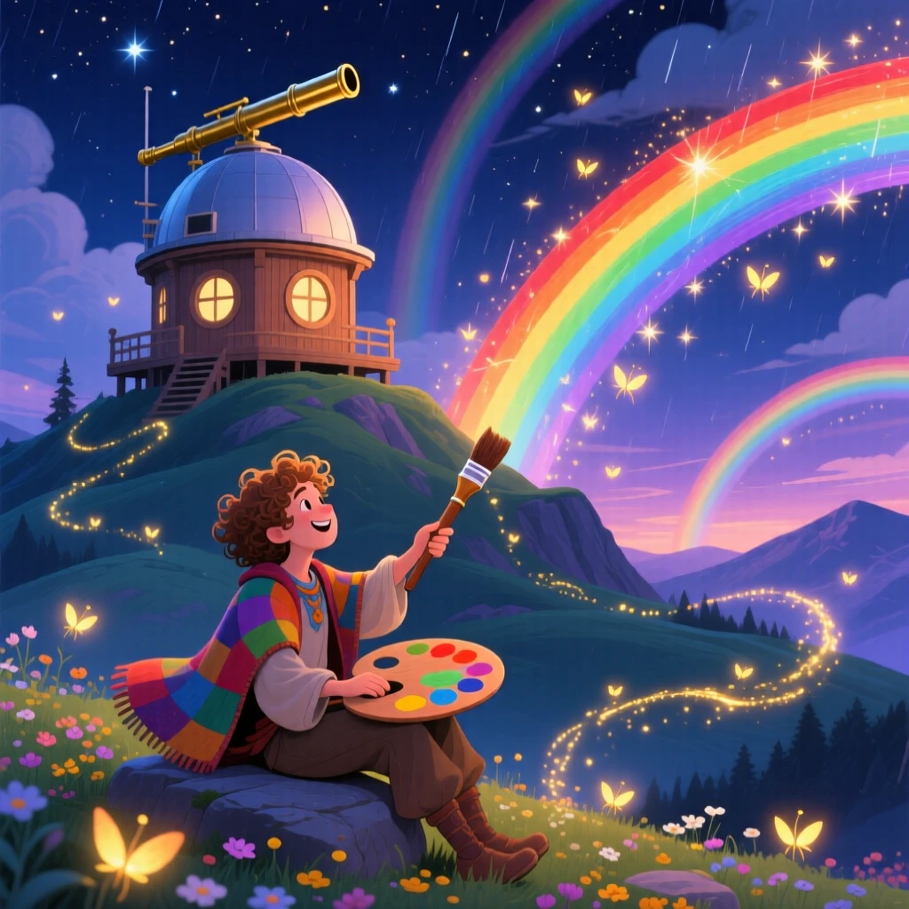 In a mountaintop observatory, a wandering bard discovers a moment of wonder while painting rainbows across the sky, with fireflies weaving glowing trails.