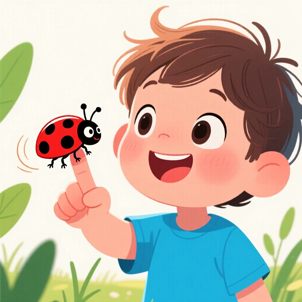 A child discovering a ladybug resting on their fingertip.