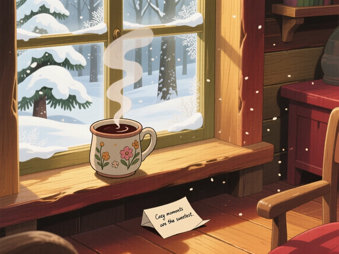 A warm, inviting scene of a hot chocolate mug steaming beside a snowy window, with warm golden light filling the room.