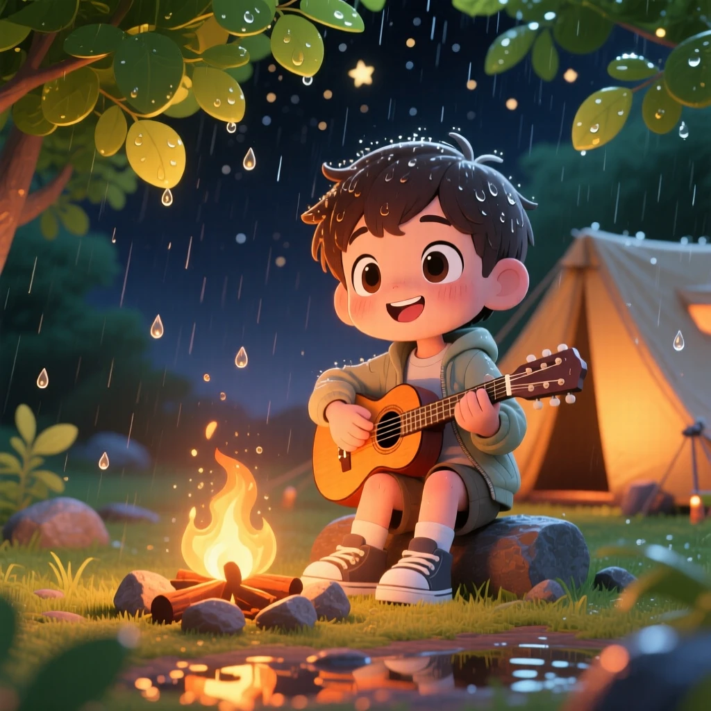 Medium shot of a young boy, strumming a tiny guitar by a campfire, in a starlit campsite, during a gentle spring rain shower, illuminated by warm morning light filtering through leaves, radiating eager anticipation.