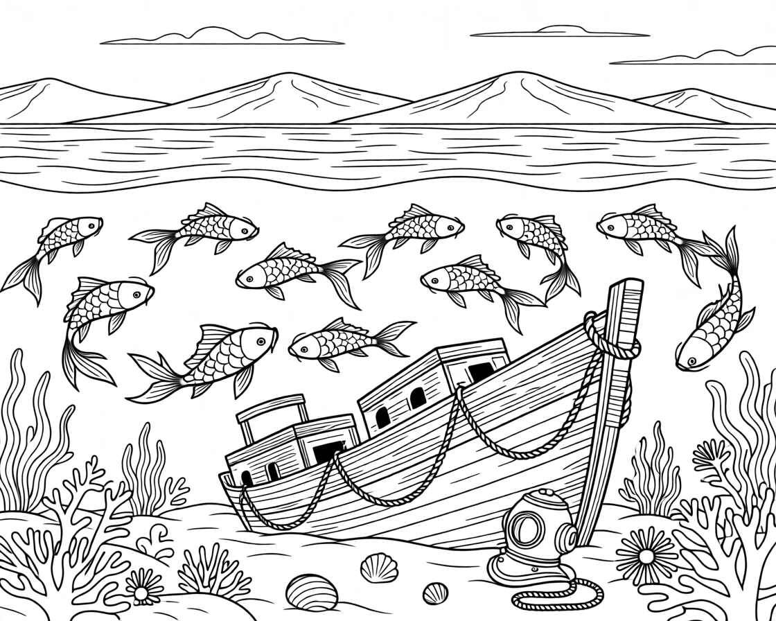 A school of koi fish cruising above a sunken shipwreck, with a distant mountain range in the background.