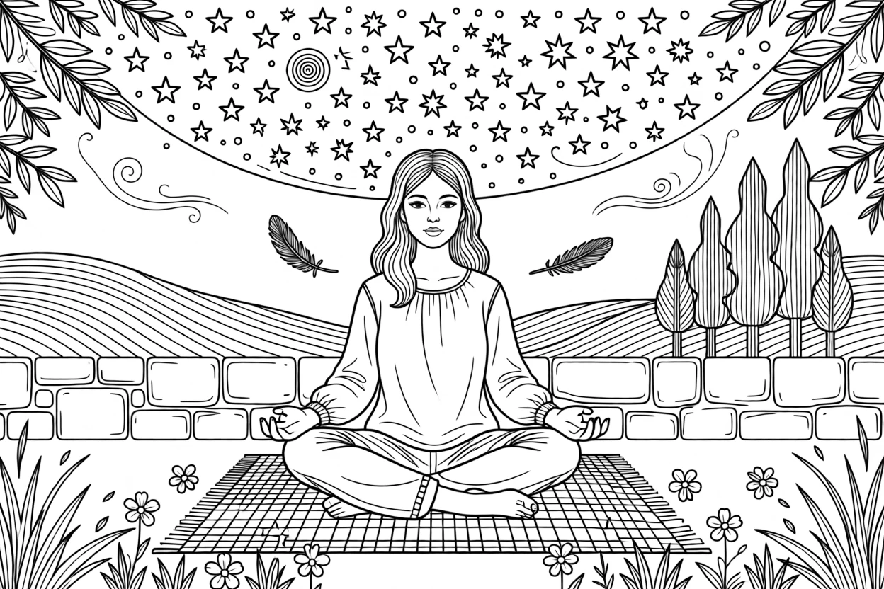 A person practicing breathing exercises beneath a canopy of stars.