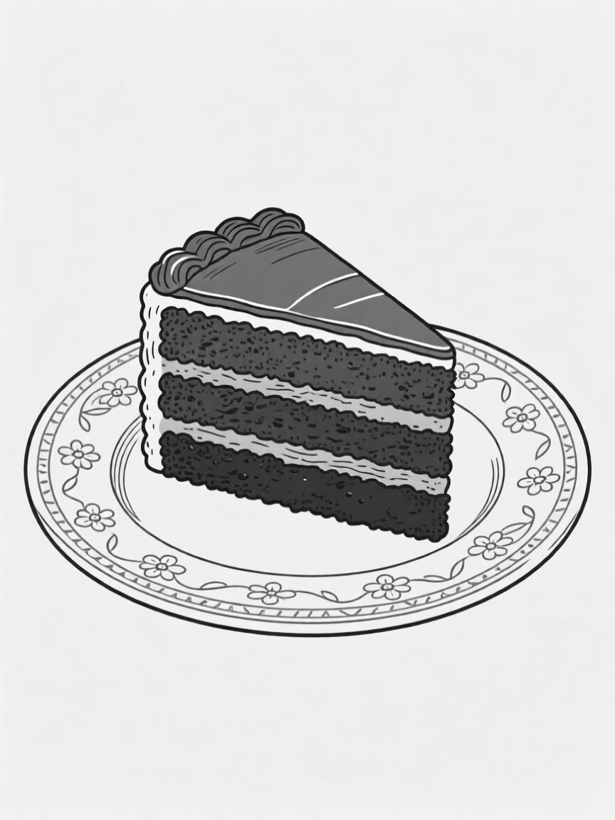 A slice of layered chocolate cake on a decorative plate