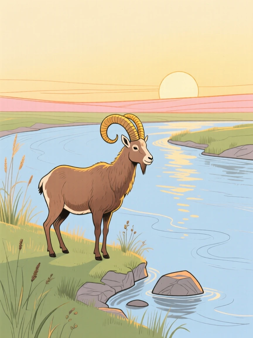 A mountain goat watching the horizon along a quiet riverbank during golden hour.