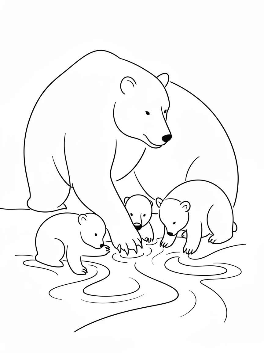 A mother bear teaching her cubs to fish in a rushing stream