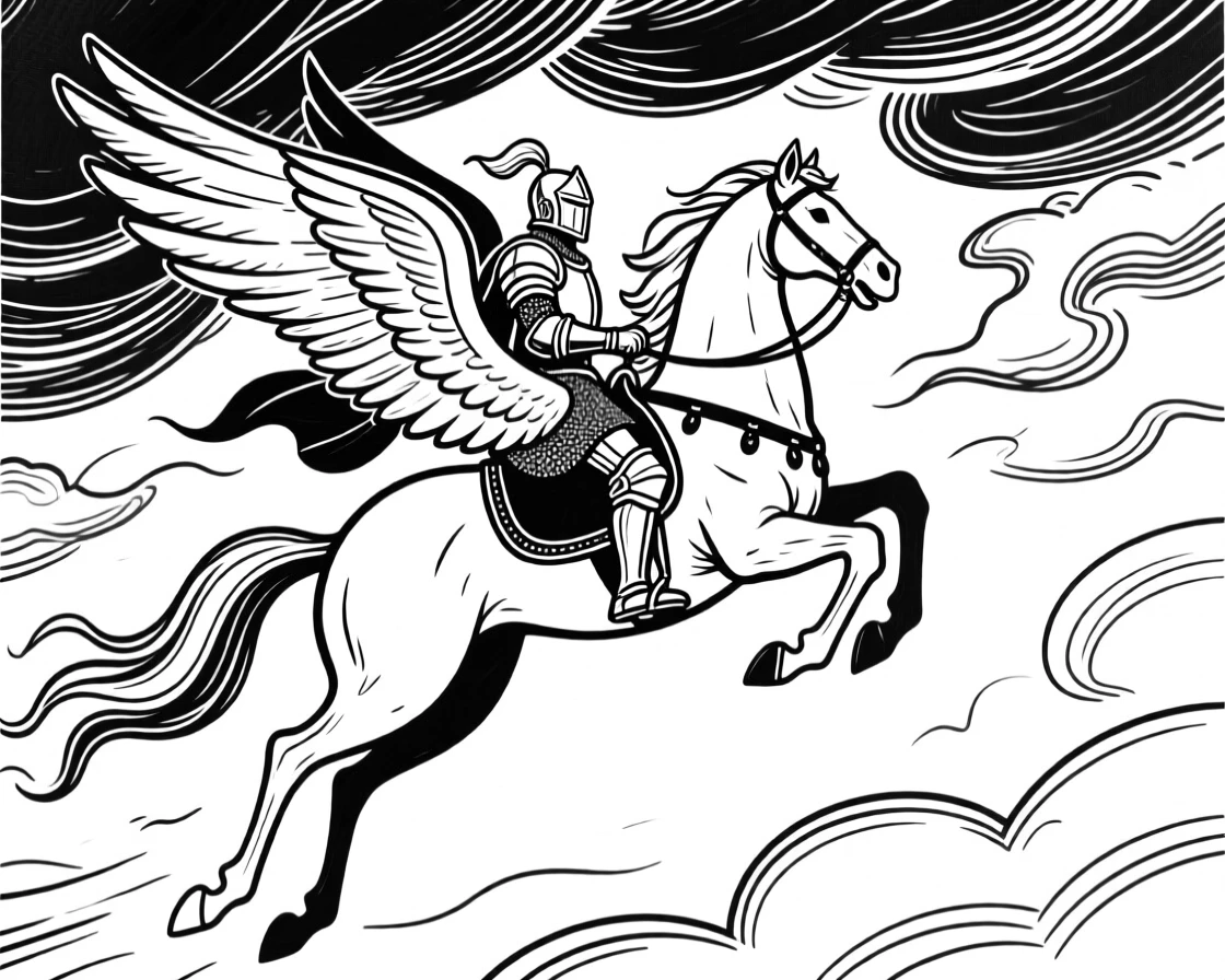 A knight riding a majestic winged horse across a stormy sky.
