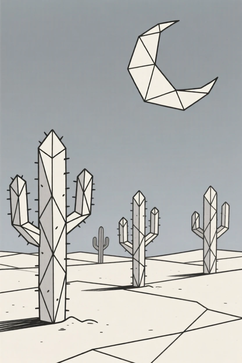 A moonlit desert landscape with cacti silhouettes