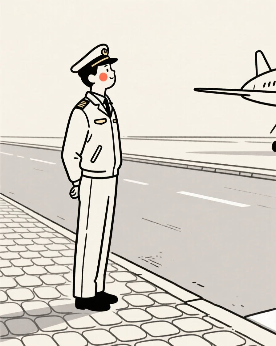 A pilot before takeoff, looking hopeful toward the horizon, on a quiet cobblestone street.