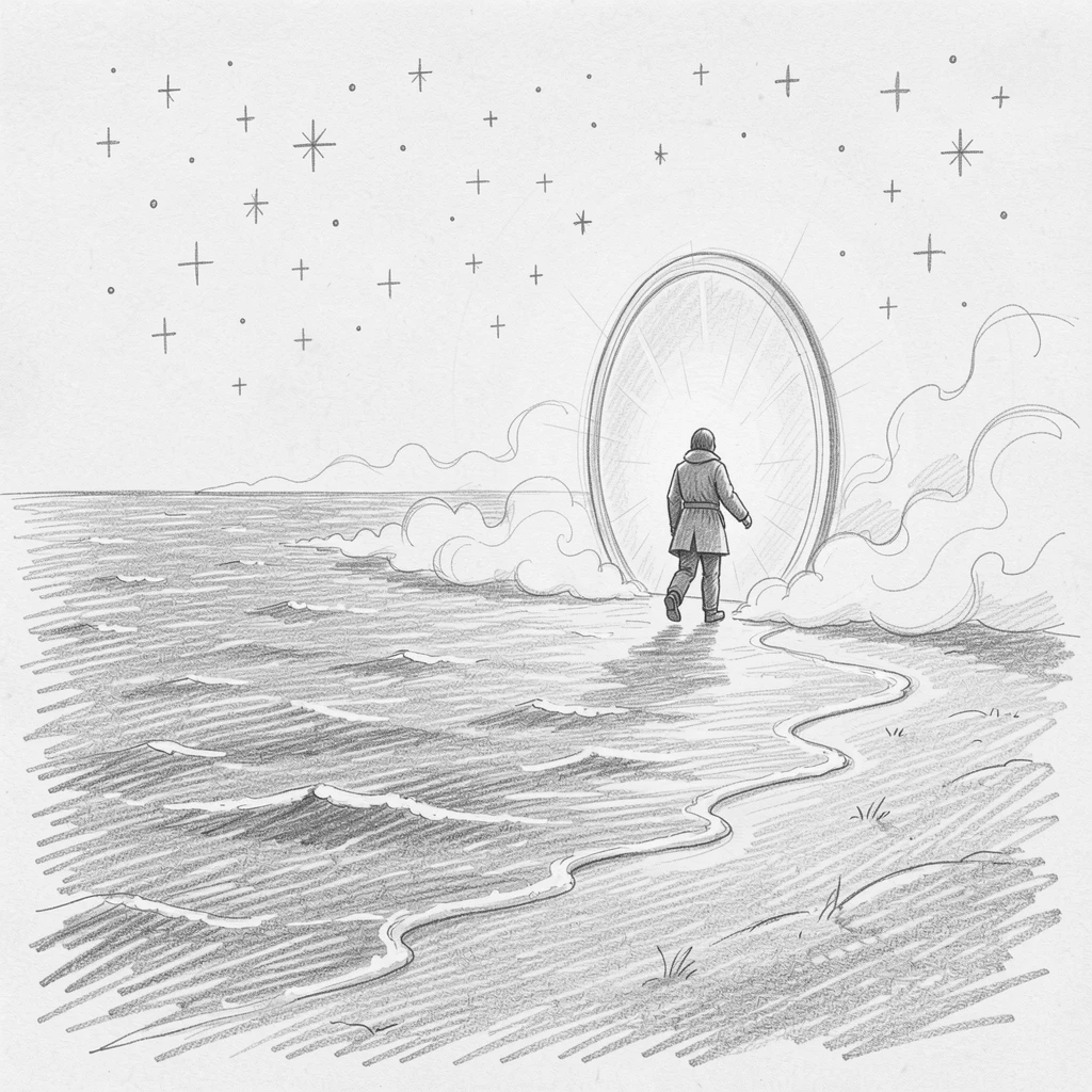 A magical, imaginative vision of a lone wanderer walking toward a glowing portal on the edge of an endless starlit ocean, with mist curling like living smoke.