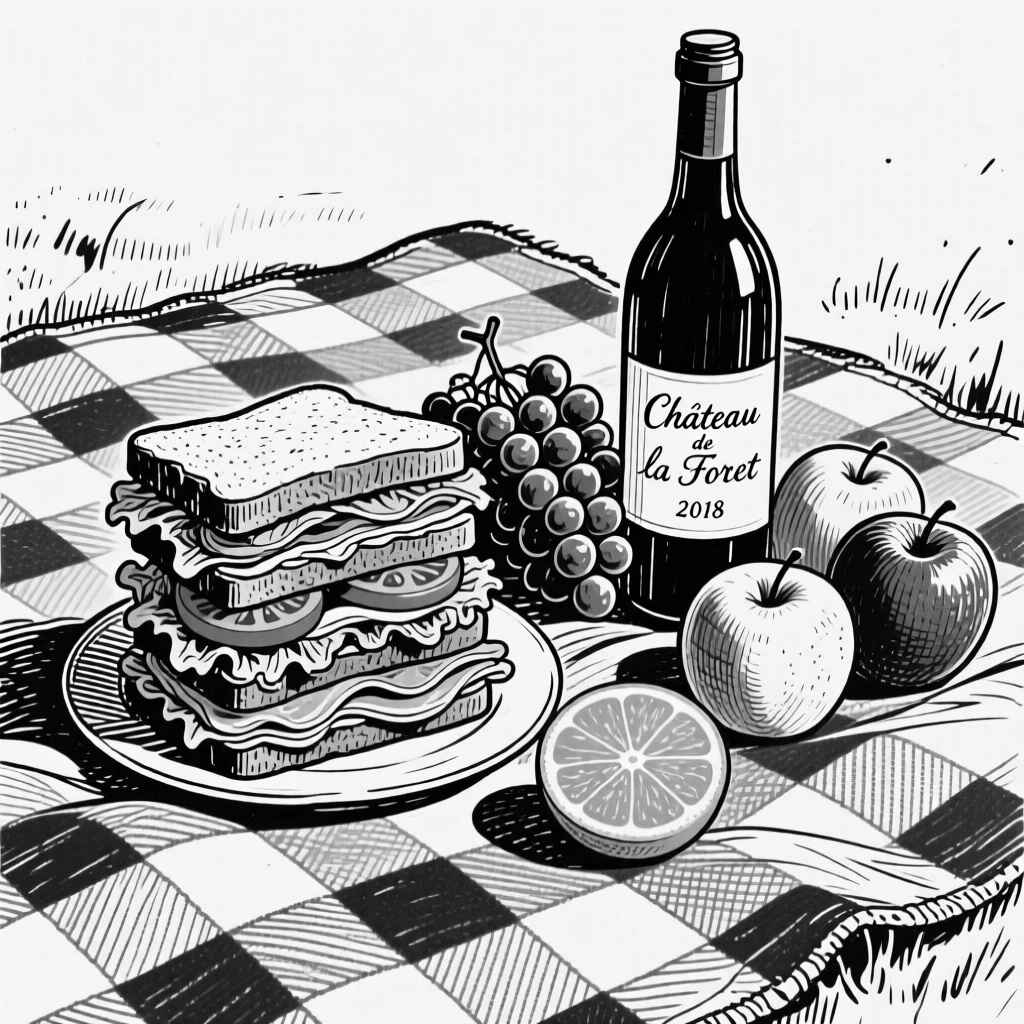 A rustic picnic spread with sandwiches, fruit, and a bottle of wine on a checkered blanket.