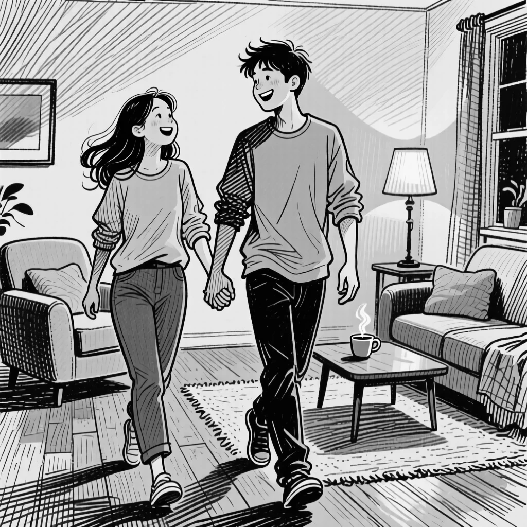 A young couple walking hand in hand within a warmly lit living room, with hands clasped warmly together, creating a lighthearted and playful lifestyle scene.