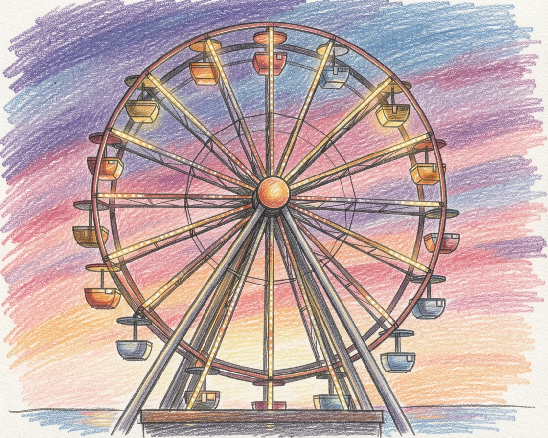 A Ferris wheel lit up against a colorful evening sky, with soft, natural light bringing warmth to every detail, celebrating a moment people would love to revisit.