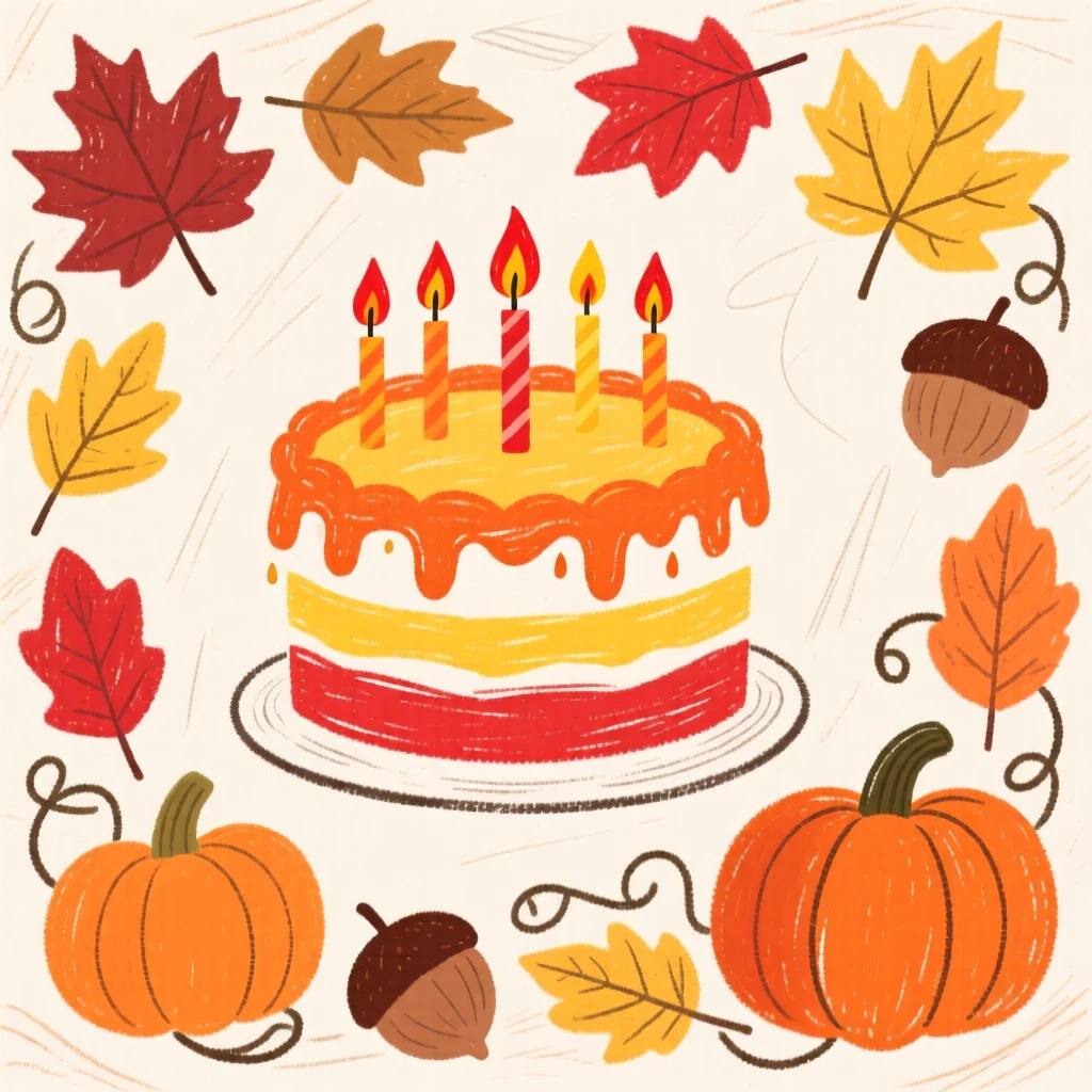 A birthday cake with lit candles framed by autumn leaves and pumpkins.