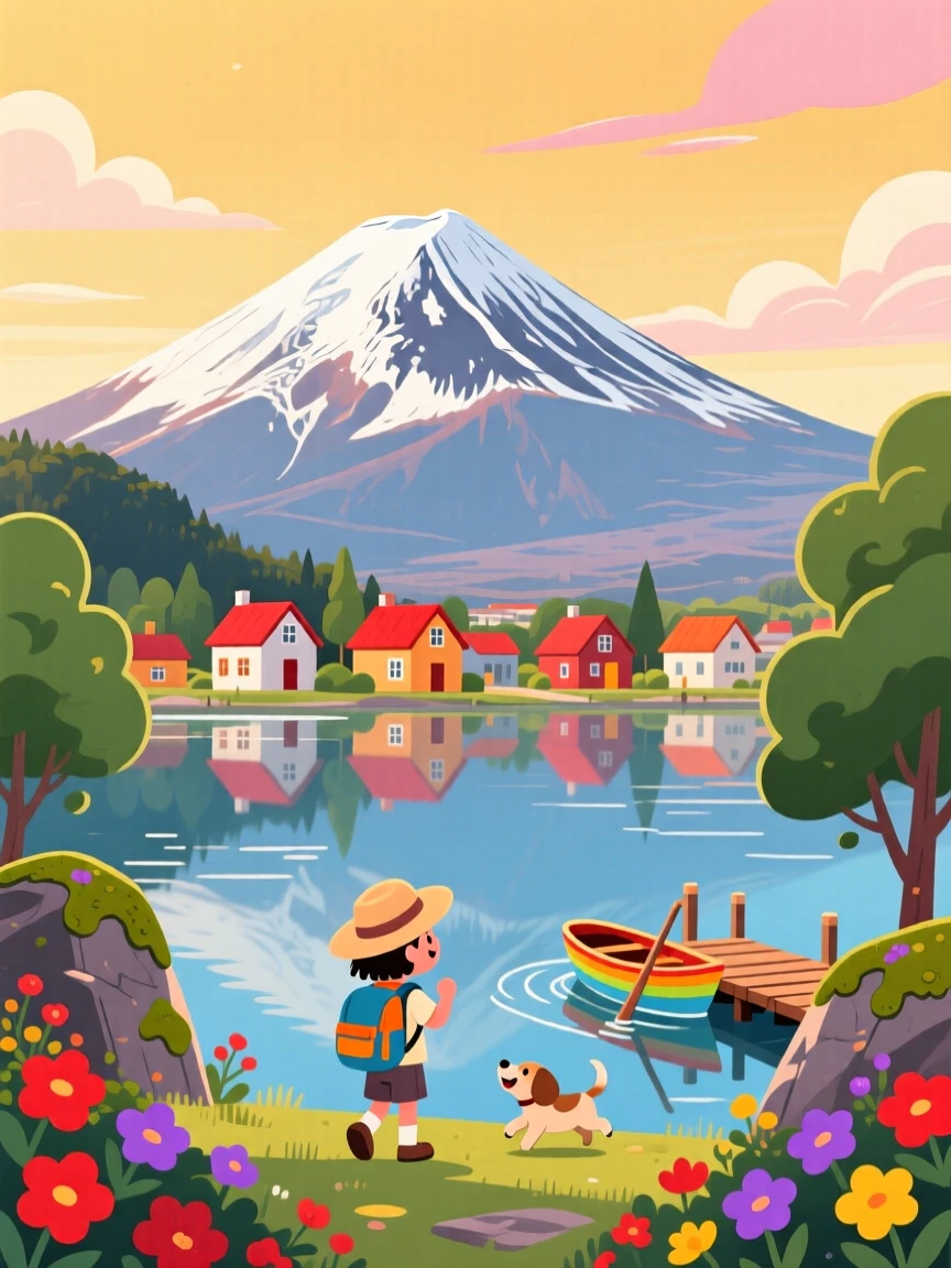 A snow-capped volcano rising above a peaceful lakeside town, under a warm golden afternoon sky, arranged with vibrant foreground elements framing the view, with a joyful, adventurous atmosphere.
