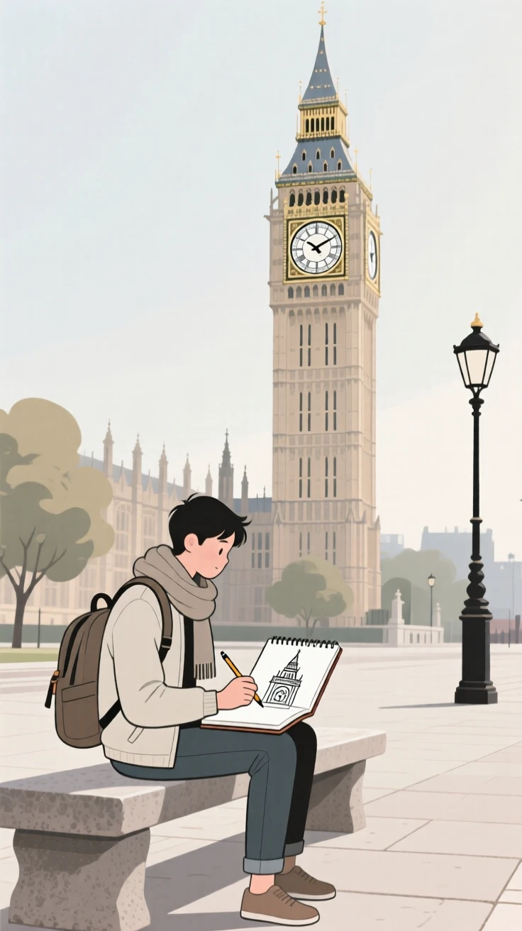 A traveler sketching in a notebook near a famous clock tower.