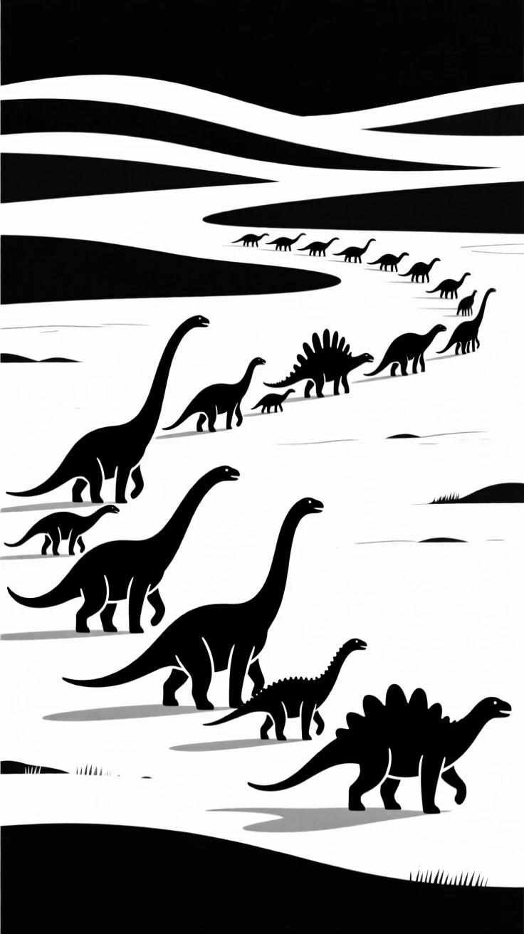 A pack of dinosaurs migrating across an open plain.