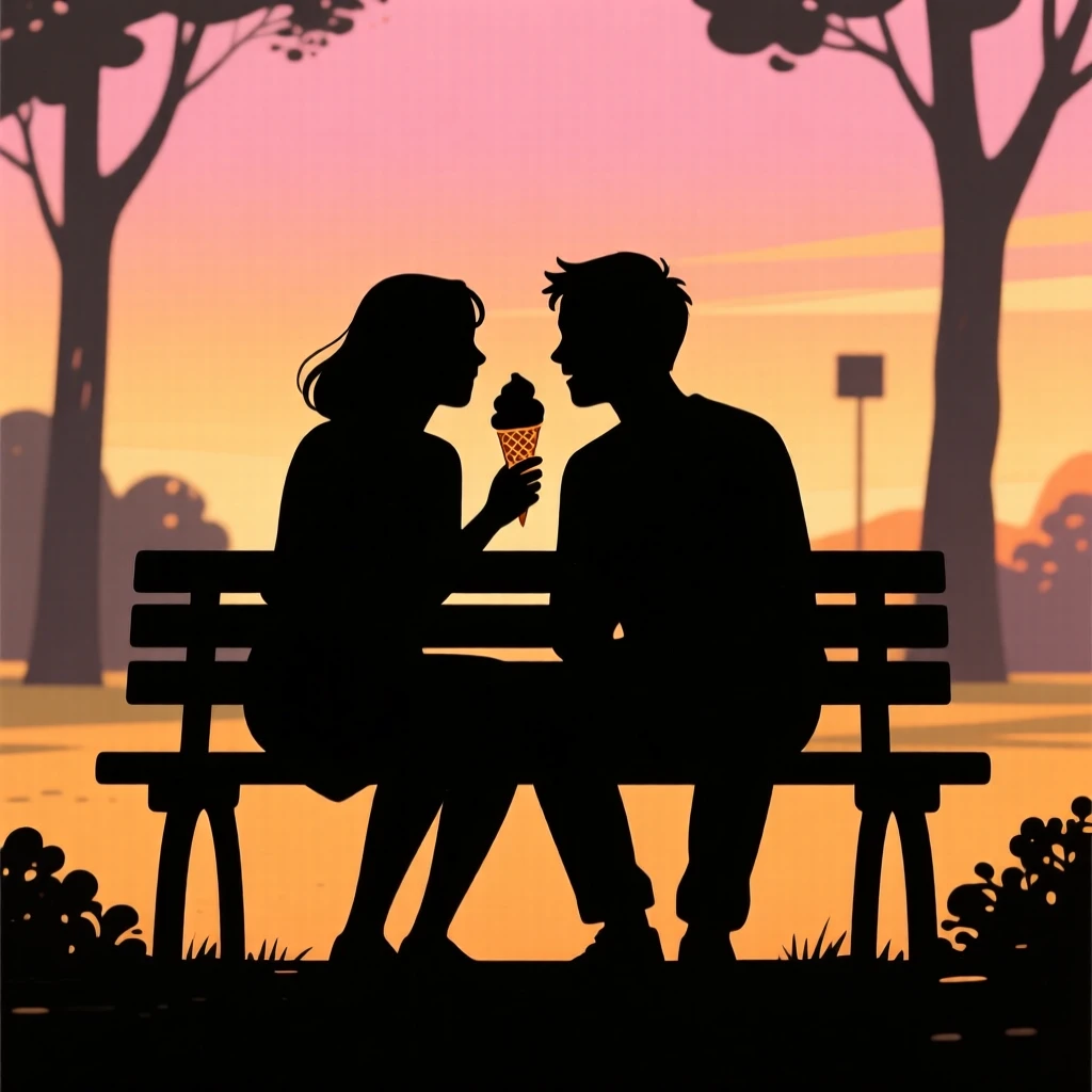 Two friends sharing a single scoop of ice cream on a park bench.