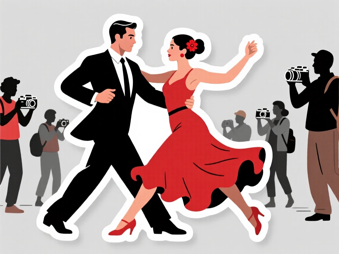 A charmingly authentic Argentine tango dancers mid-step, captured during a festive celebration, as travelers pass by with cameras ready.