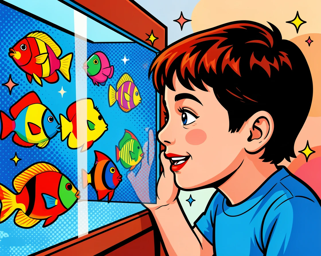 A child pressing their nose against an aquarium tank full of fish