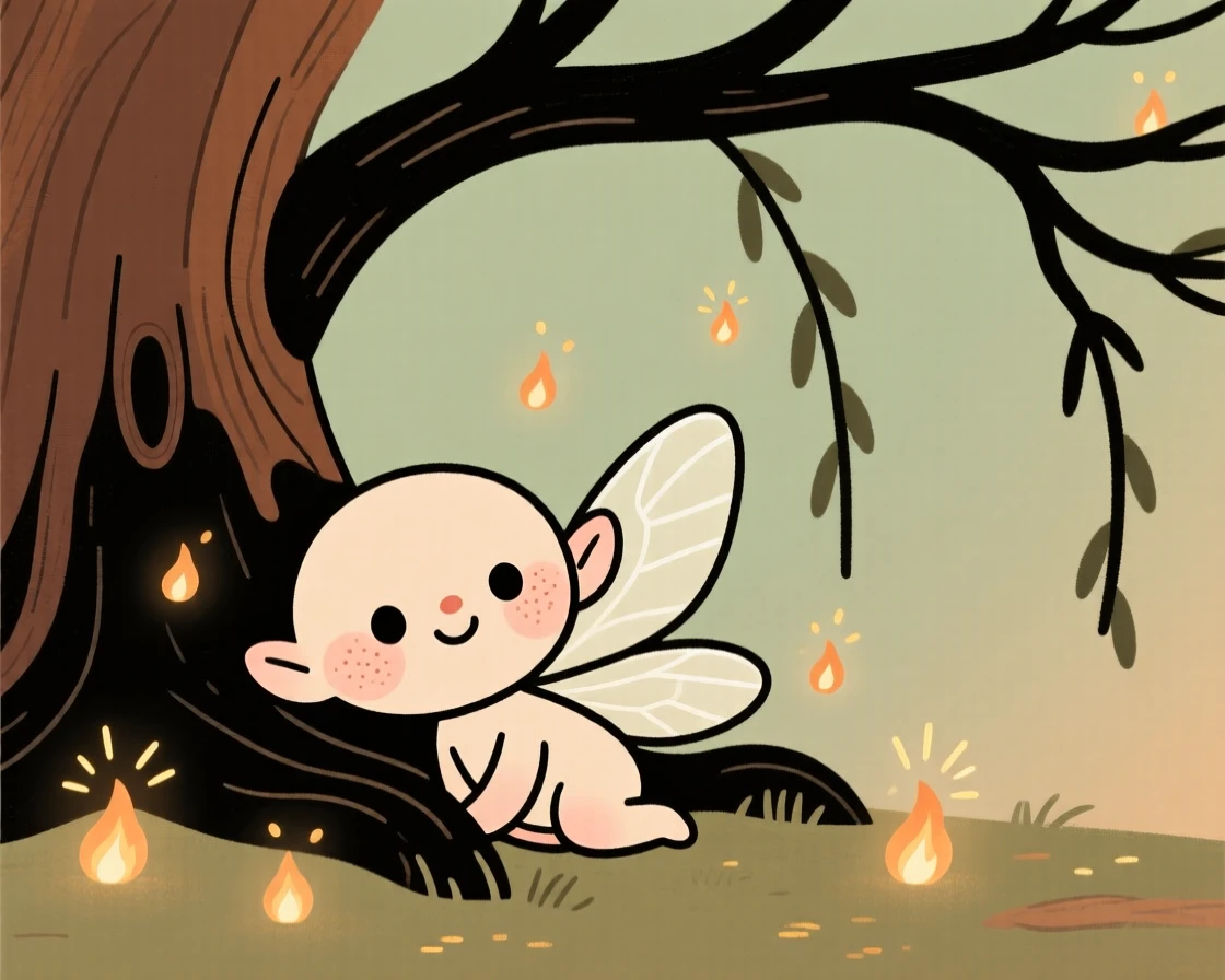 A tiny winged sprite rests beneath a ancient willow in an hidden magical glade, surrounded by tiny sparkling embers that drifts gently through the air.