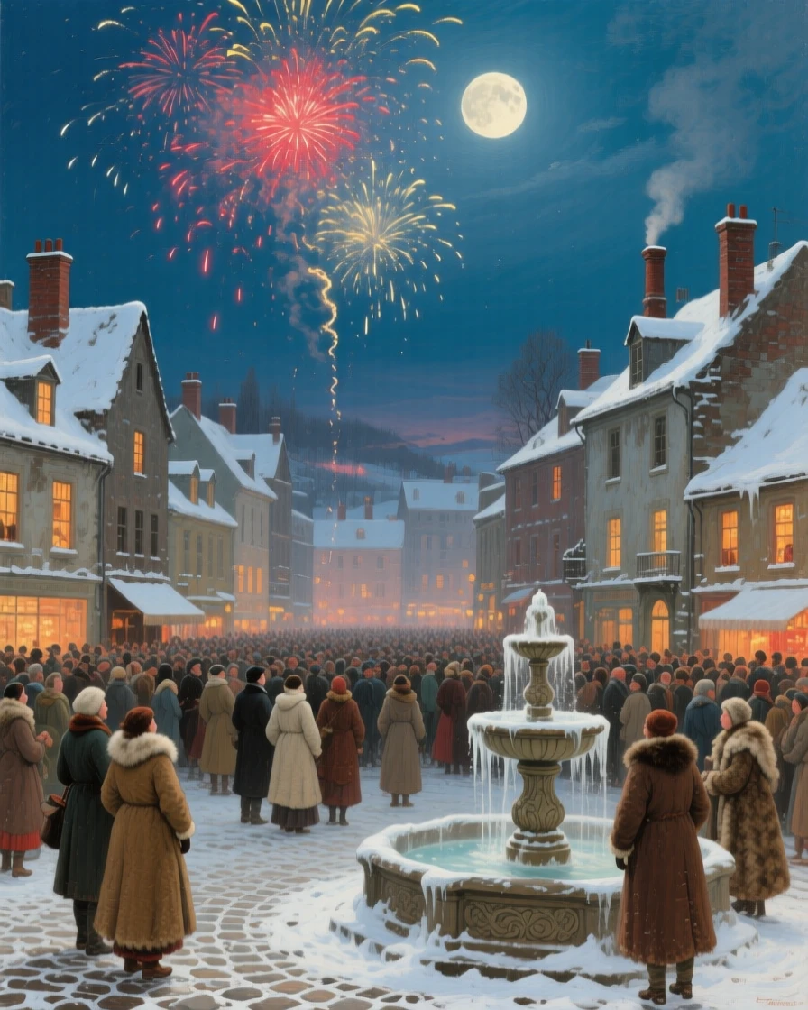 A broad landscape view of fireworks bursting above a crowded town square during a celebration, in the quiet stillness of midwinter, under a full moon.