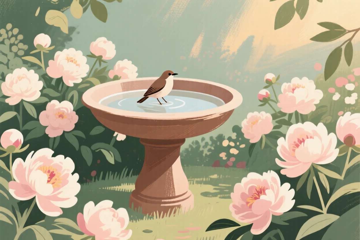 A quiet birdbath in a garden surrounded by blooming peonies