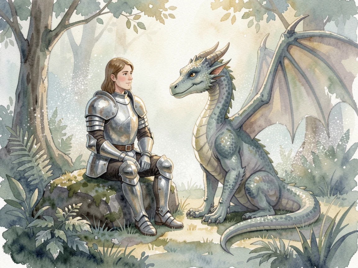 A knight and a friendly dragon sharing a quiet moment surrounded by sparkling mist.