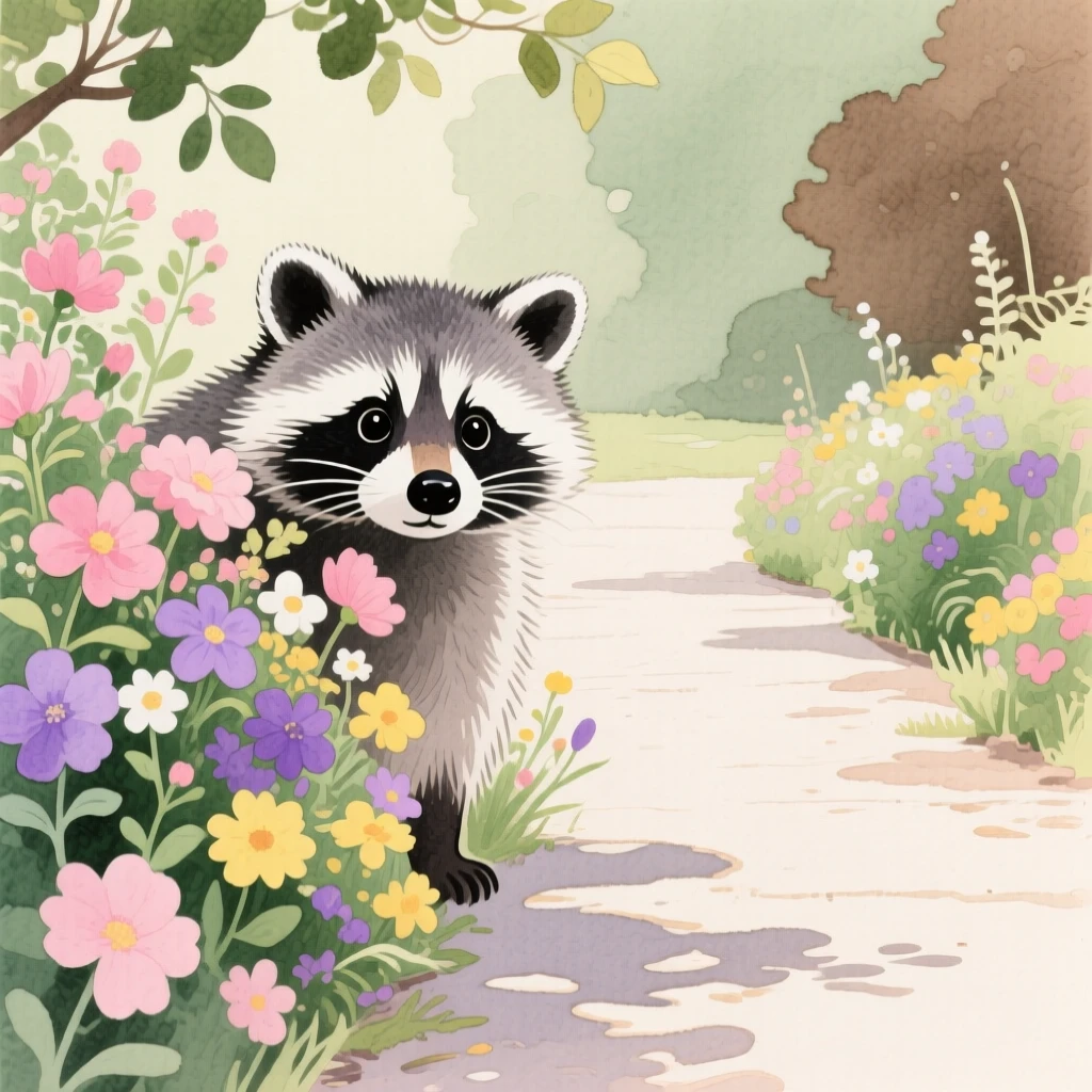 A baby raccoon peeks out curiously in a blooming garden path, while soft light filters through nearby leaves