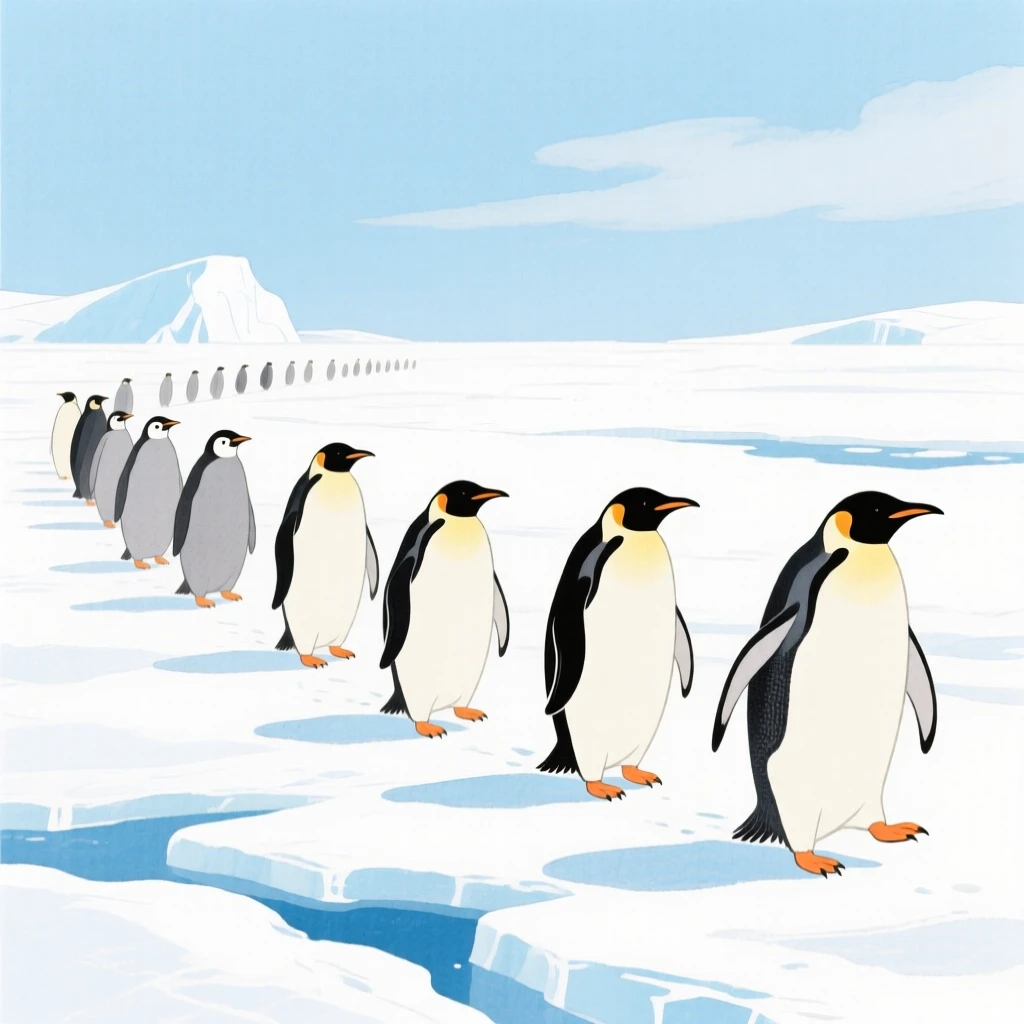 A penguin colony waddling across Antarctic ice, captured in a moment of quiet wonder.