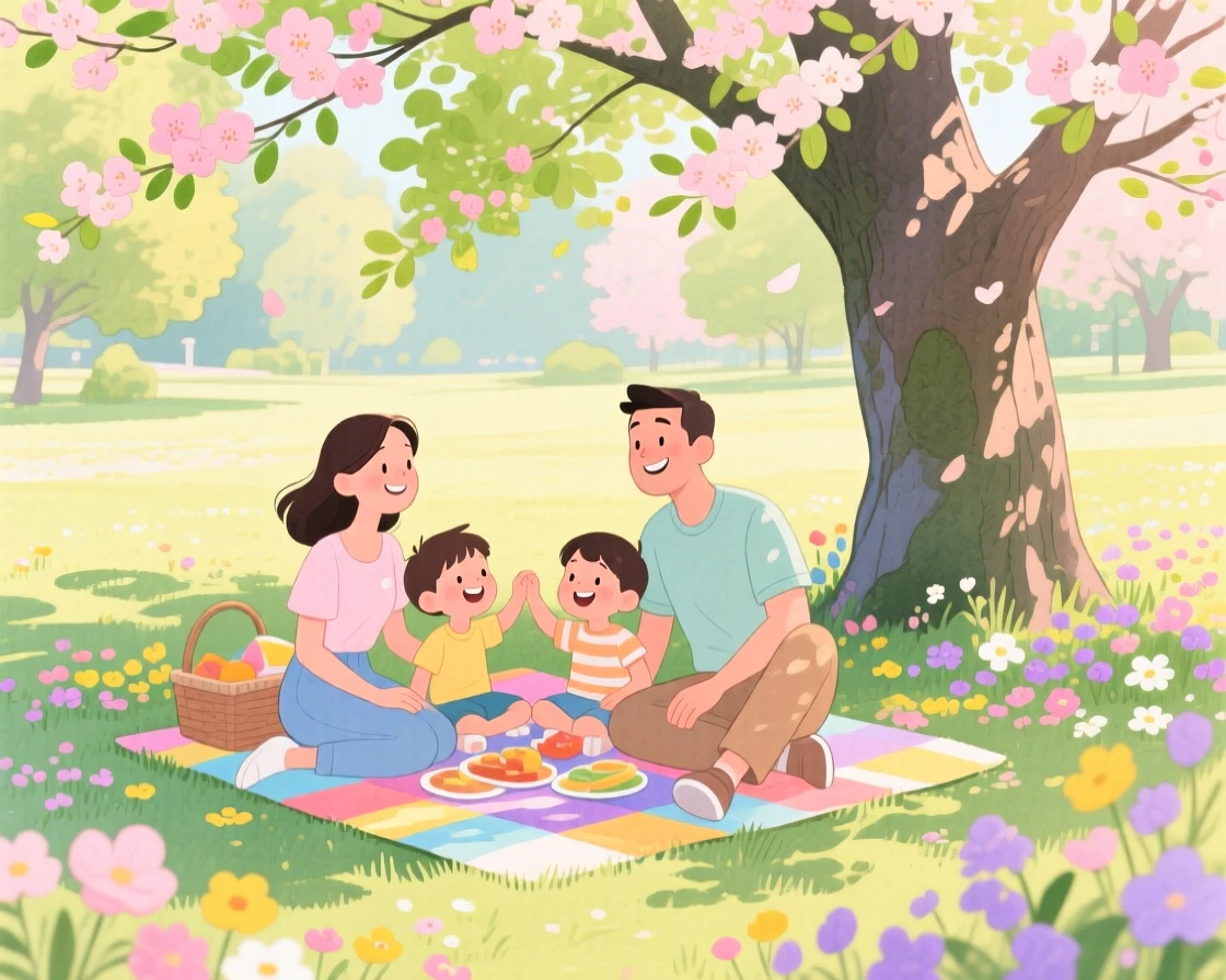 A family of four having a picnic under a blossoming tree, in a park bursting with spring blooms, with soft afternoon light filtering through leaves, simple togetherness and gratitude.