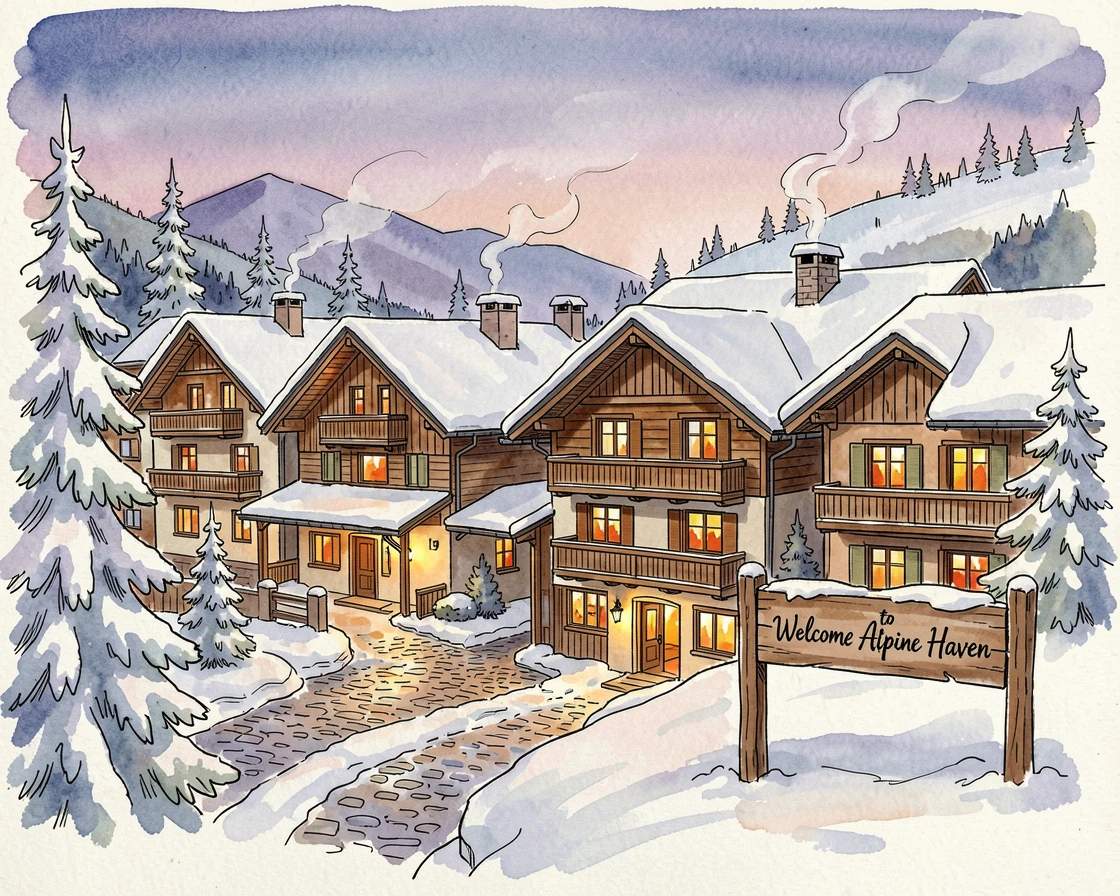 A snow-covered alpine village glowing with warm window light at dusk, soft evening light glowing warmly over the buildings.