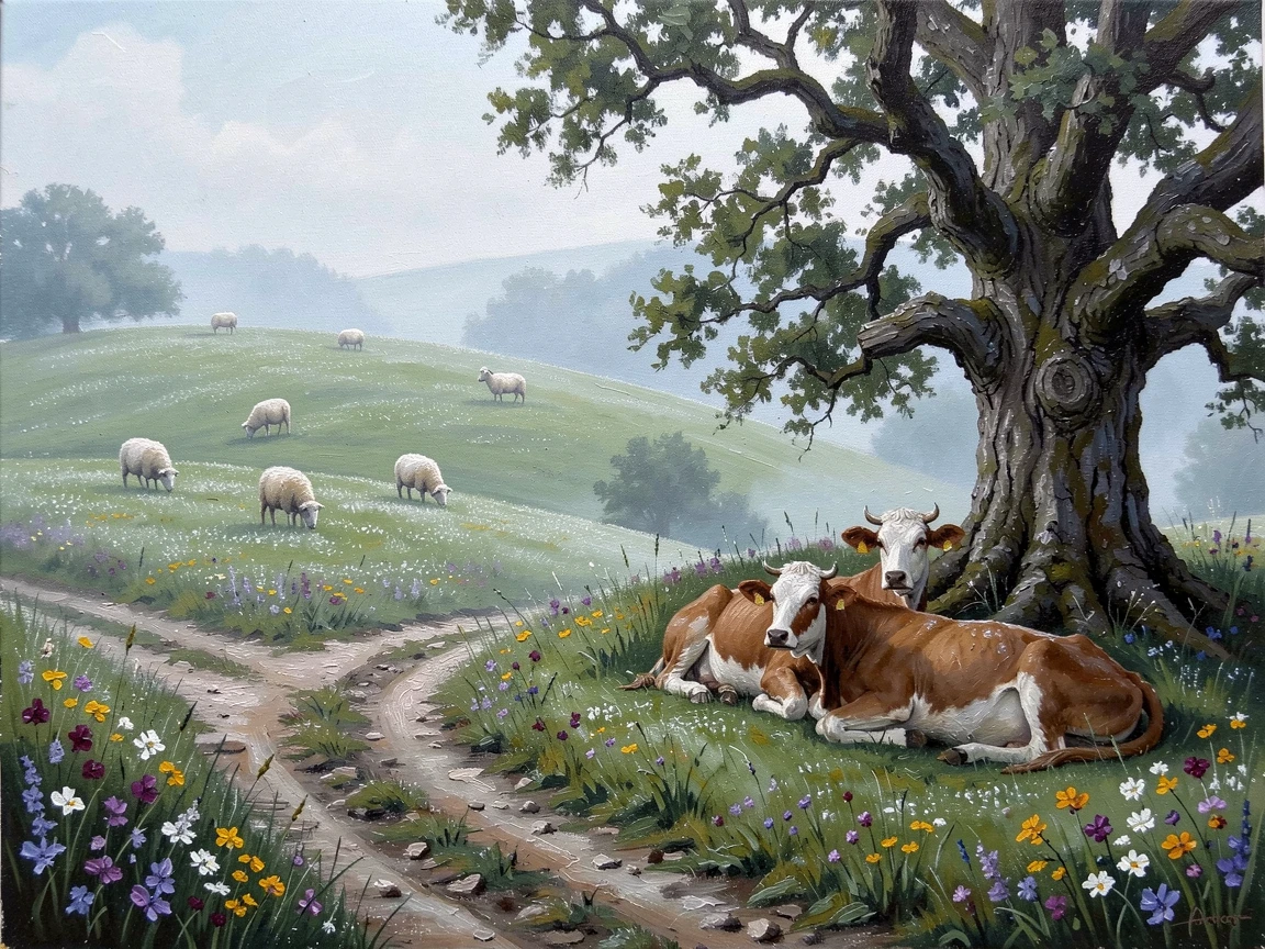 On a misty early morning with dew on the grass, rolling green hills dotted with grazing sheep, beside a narrow dirt lane lined with wildflowers, cows grazing lazily beneath a spreading oak tree.