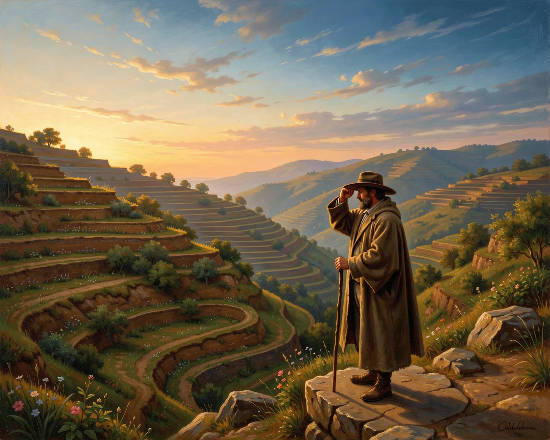 Terraced hillsides glowing at the close of day, with a solitary traveler pausing to take in the view.