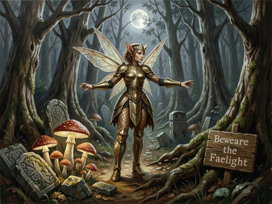 A shimmering fae creature dancing among glowing mushrooms in a moonlit forest, with intricate textures on armor, scales, or ancient stone, creating a scene that feels both magical and entirely believable