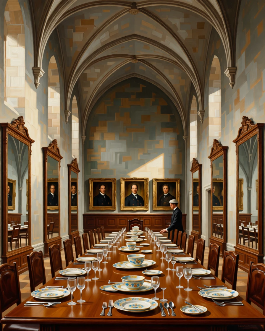 A stately dining hall with a long table set beneath ancestral portraits awaiting the arrival of guests soon to fill its halls, set inside a centuries-old cathedral of quiet reverence, with tall mirrors reflecting endless corridors of light and shadow; a lone figure or object provides scale against the soaring architecture, radiating history, refinement, and permanence.