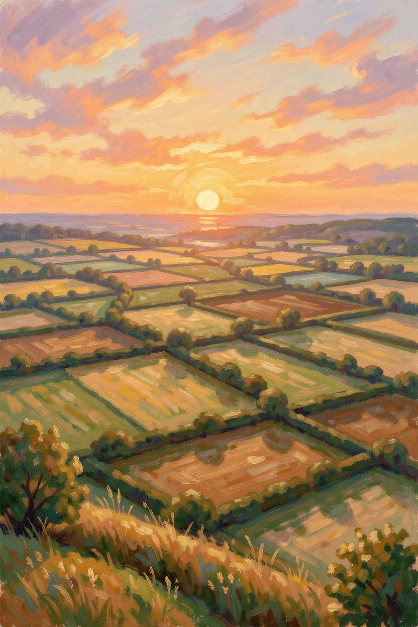 A patchwork of farm fields seen from a hilltop, hedgerows dividing squares of green, gold, and brown, under a glowing sunset sky, evoking timeless charm and quiet elegance.