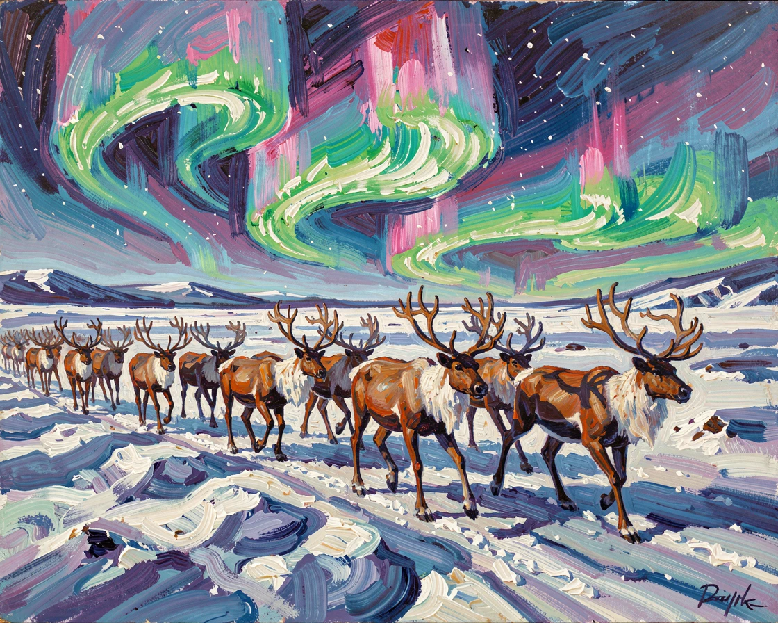A herd of reindeer trekking across a snowy tundra beneath the northern lights.