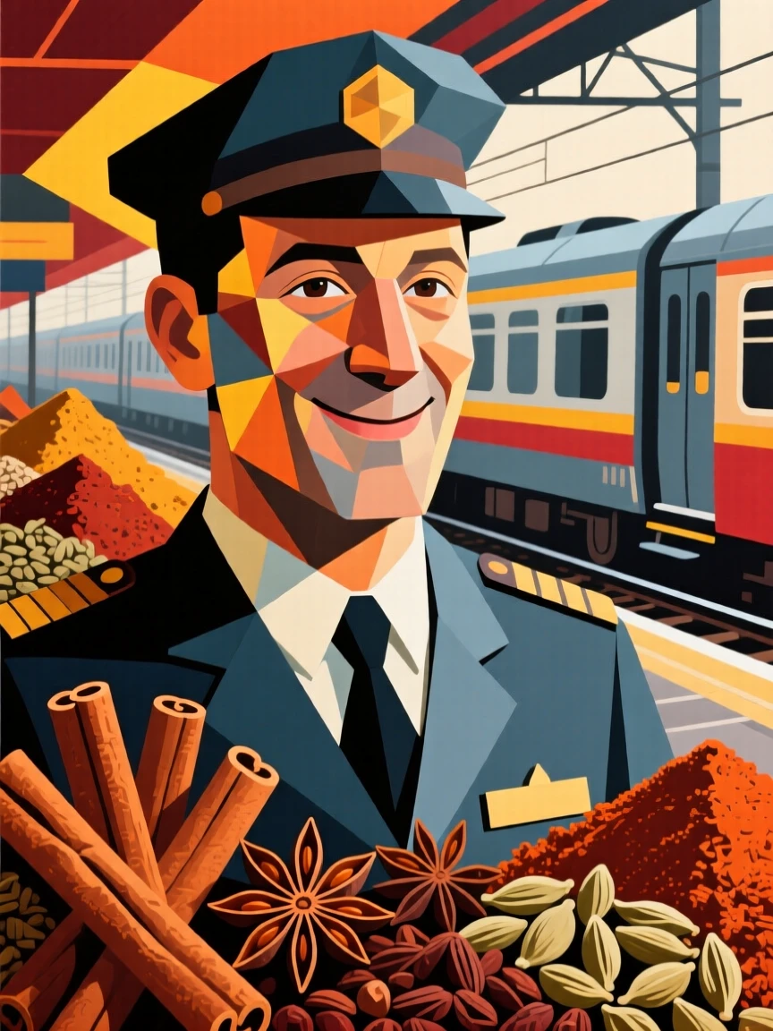 A candid medium shot of a train conductor smiling gently surrounded by stacks of fragrant spices.