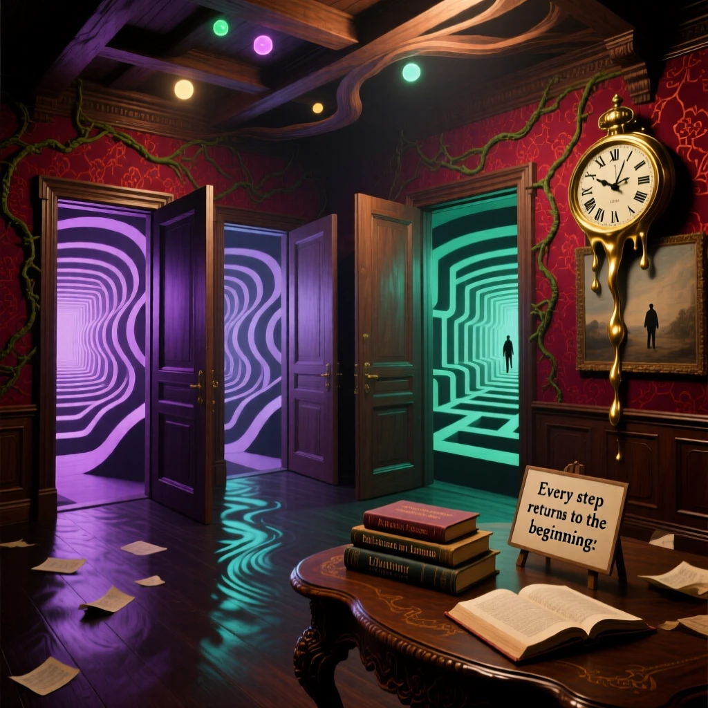 A room where every doorway leads back into the same room seems to shift slightly each time it is glanced away from, as light bends unnaturally around every corner.