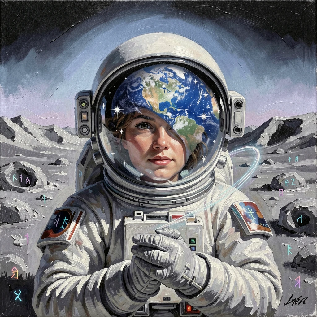An astronaut's reflection is visible in her helmet visor as she looks toward a distant Earthrise over the lunar horizon, small magical details scattered throughout the scene rewarding a closer look.