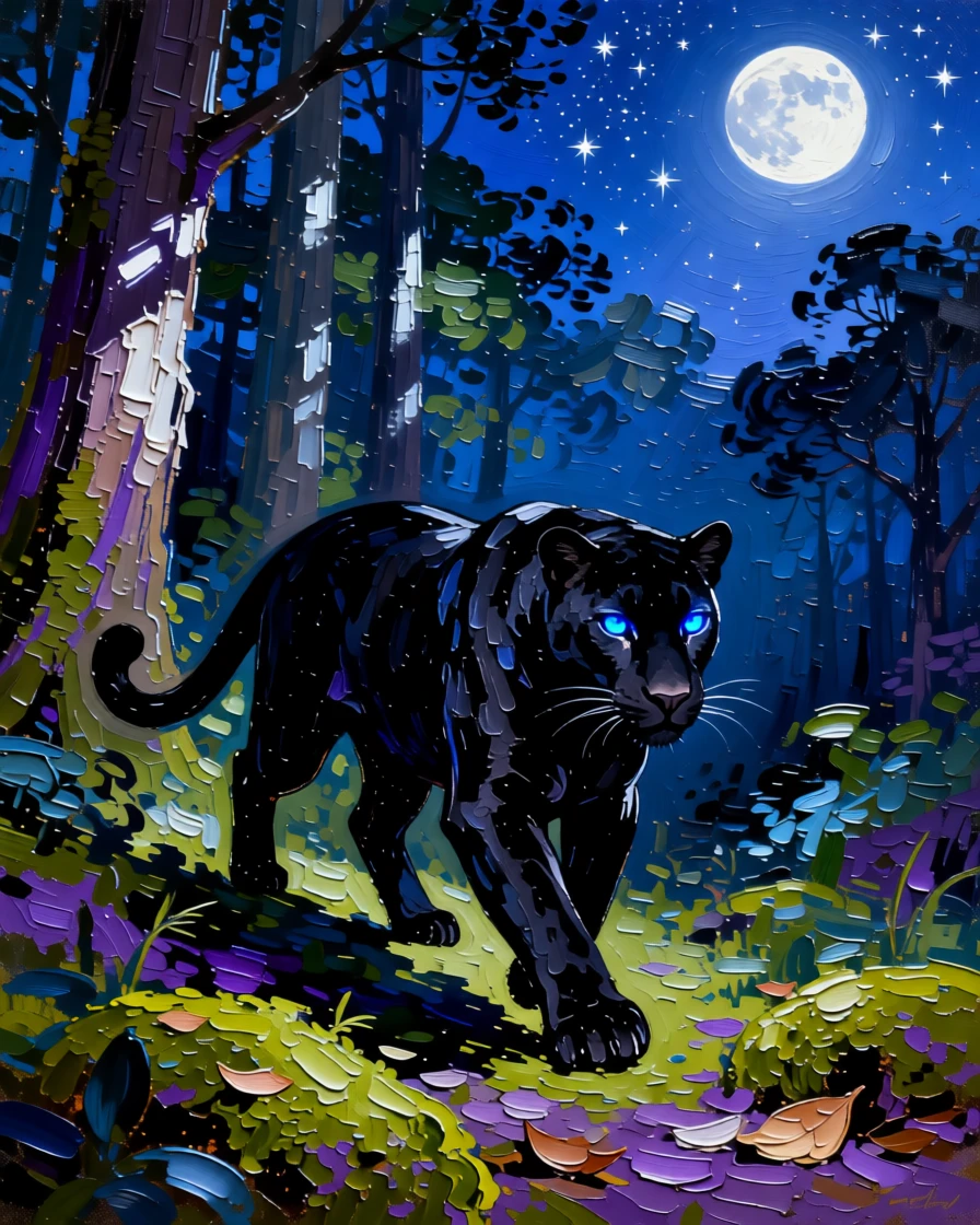 a shadow panther with glowing eyes gliding silently through a moonlit forest