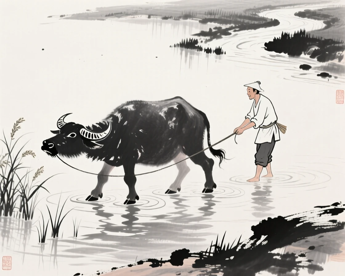 A farmer guides a water buffalo through a flooded rice paddy, with the sound of a nearby stream filling the quiet air.