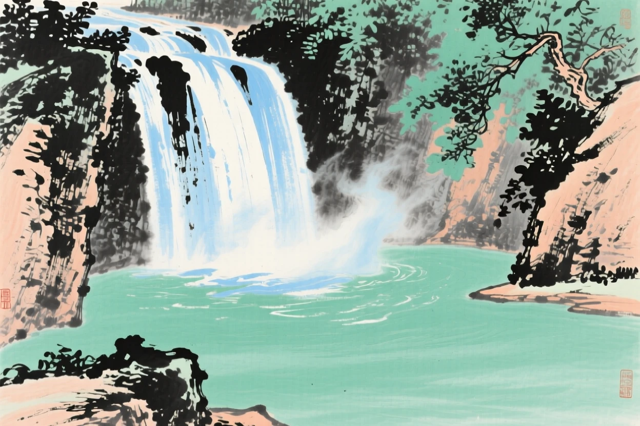 A cascading waterfall plunging into a deep emerald pool, radiating gentle serenity.