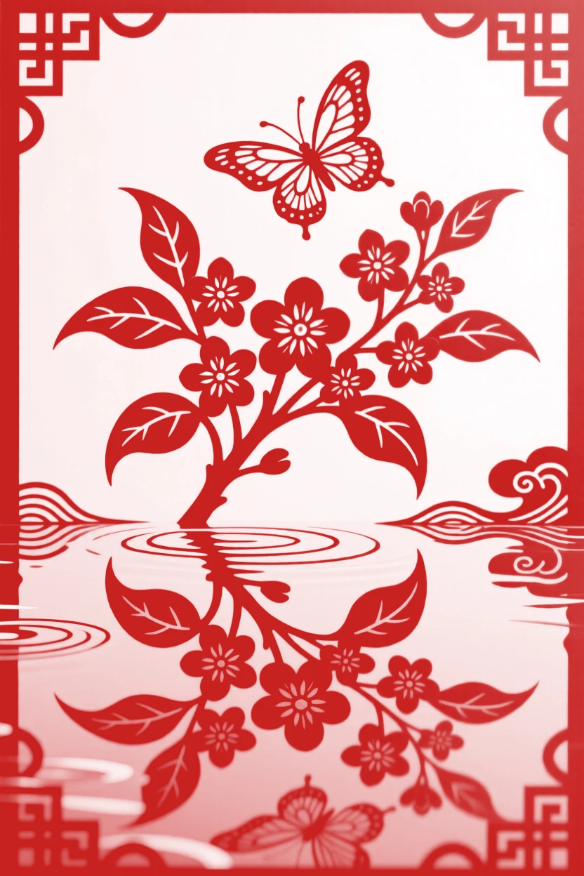 A sprig of osmanthus reflected in the still water of a garden pond, as a butterfly hovers just above the petals.