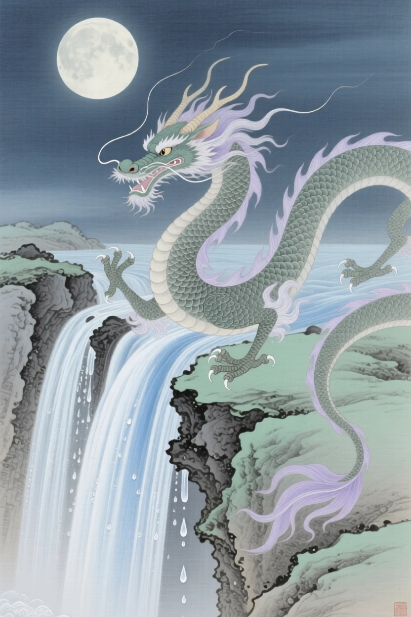 A dragon with whiskers streaming behind it beside a waterfall glowing with moonlight