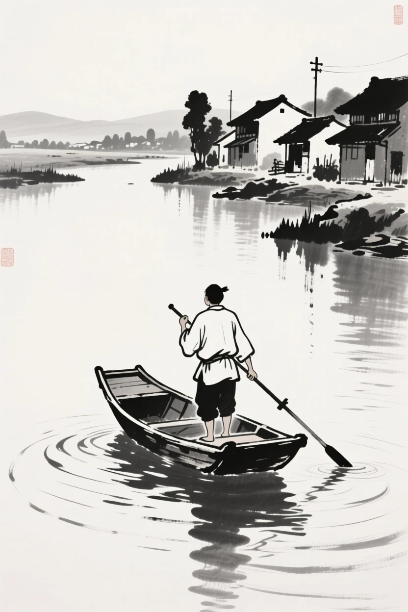A shepherd poling a small boat across still water in a small riverside village, seen from behind, gazing out toward the horizon, carrying a tender sense of familial warmth.