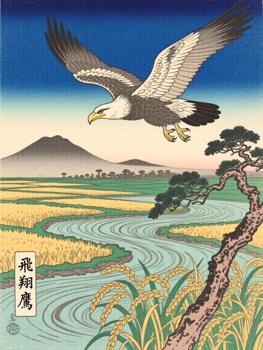A soaring eagle darting above a rippling rice paddy.
