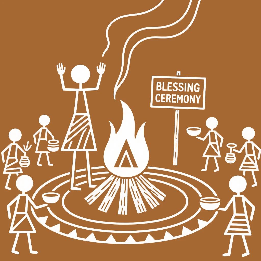 A priest performing a blessing ceremony around a ceremonial bonfire at dusk.