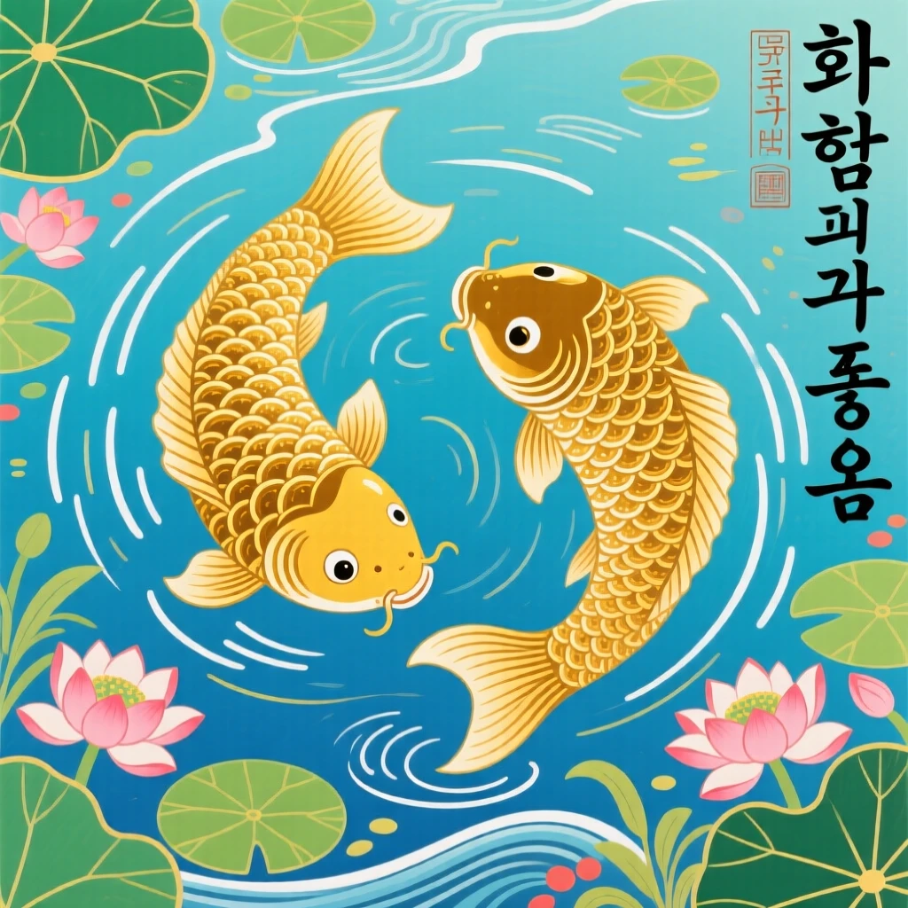 A pair of golden koi circling one another in a clear pond, symbolizing harmony and abundance.