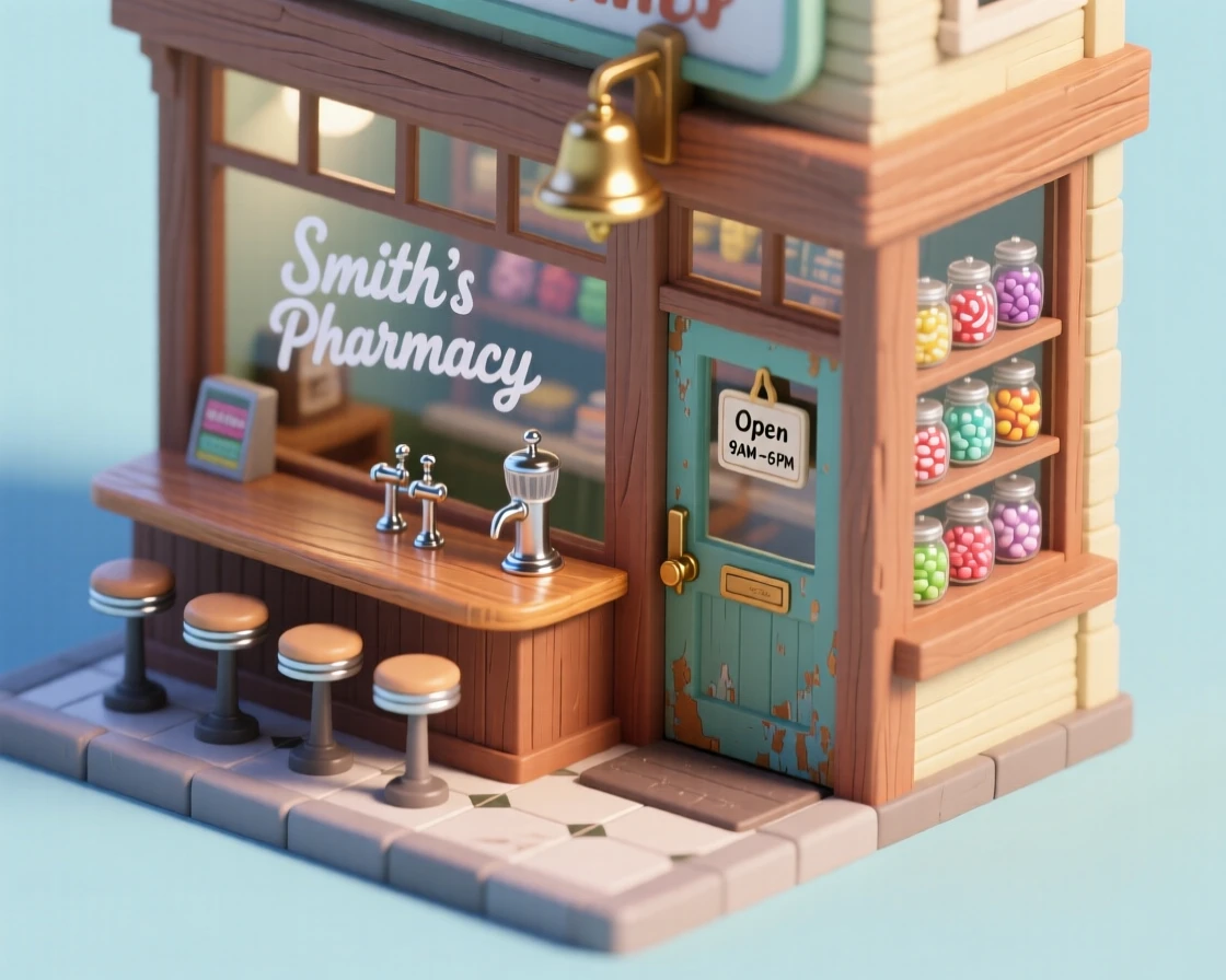 A cozy small-town pharmacy with an old-fashioned soda counter, jars of candy lining the shelves, and a bell above the door.